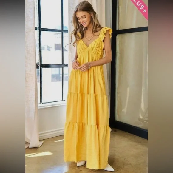 11. Women's Crinkled Fabric Ruffle Sleeve Deep V-Neck Maxi Dress - Picture 3 of 7